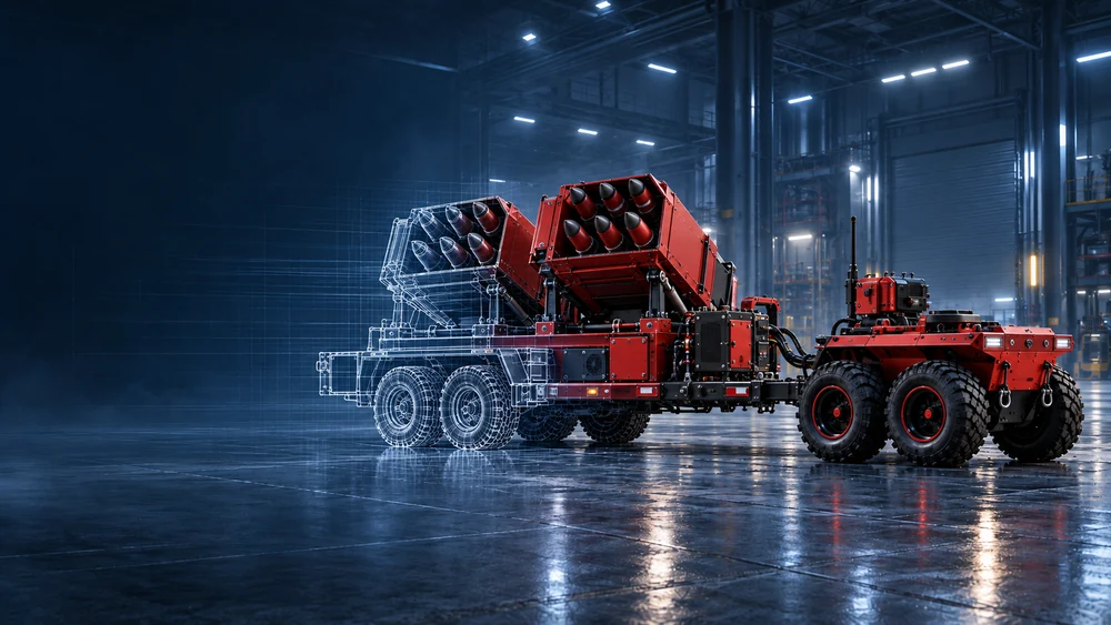 Візуалізація INTERCEPTOR-12: функціональне обладнання на причіпній платформі у виробничому цеху.